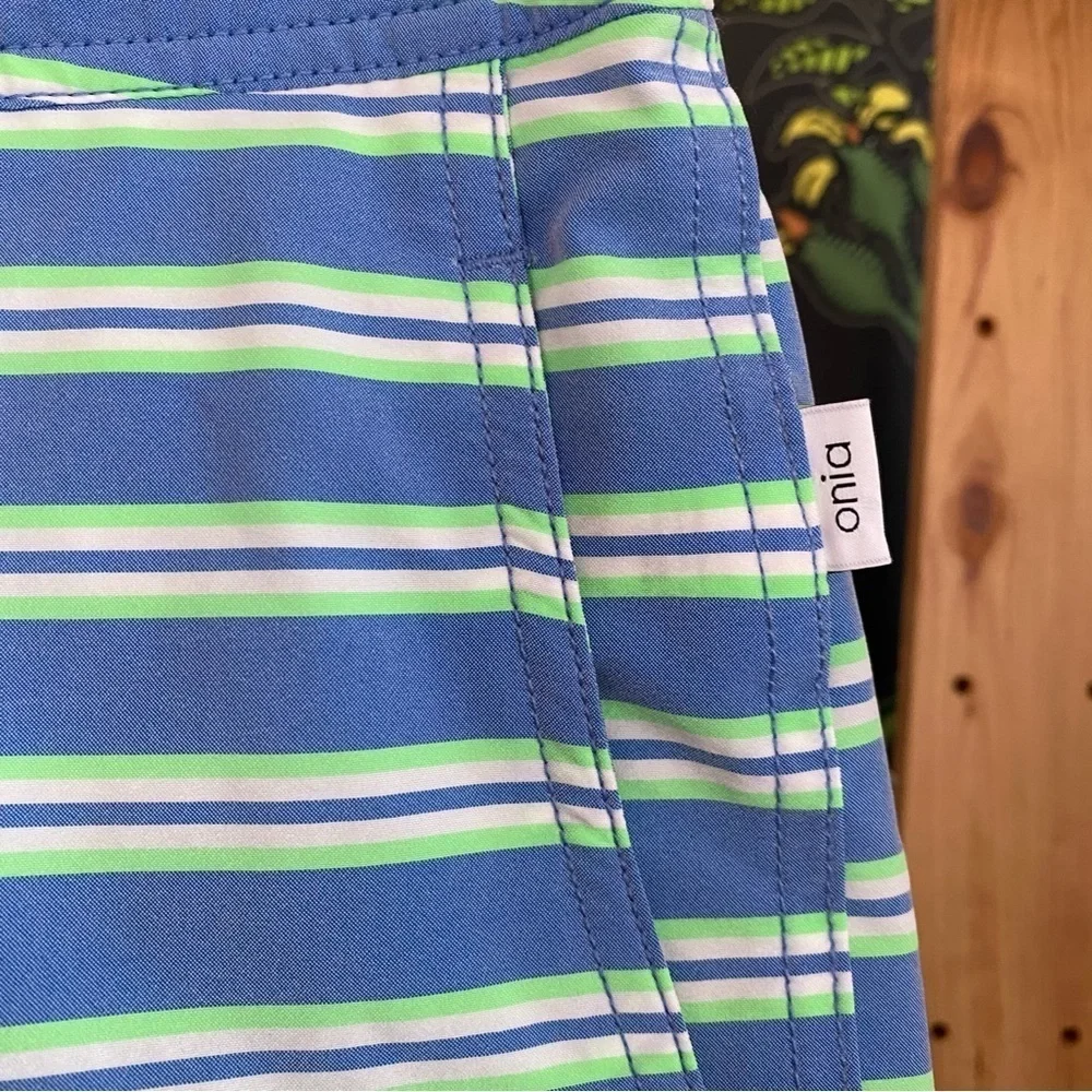 Onia Blue Green White Stripe The Calder Swim Shorts Trunks Small